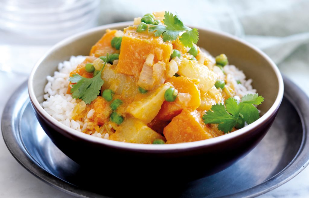 Pumpkin and potato curry with peas