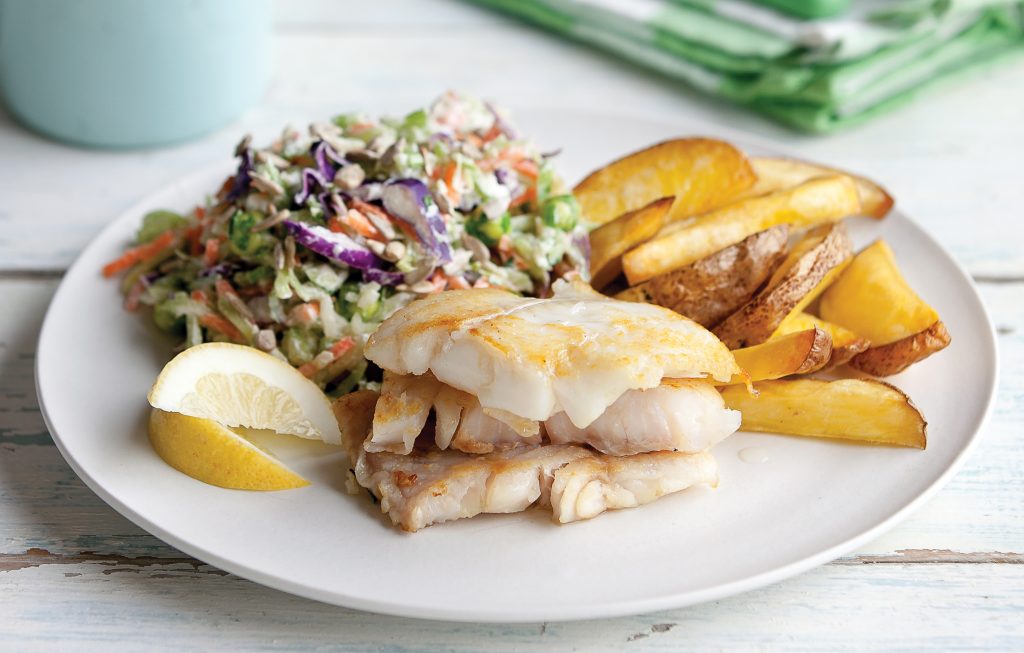 Quick fish and chips with rainbow wasabi slaw
