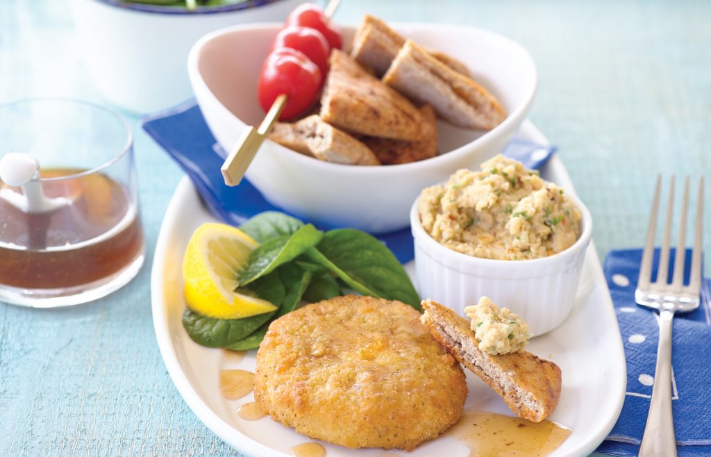 Salmon fish cakes with dip and pita chips