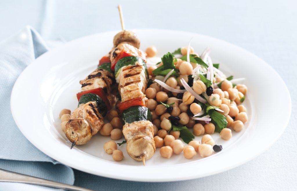 Salmon skewers with Moroccan chickpea and parsley salad