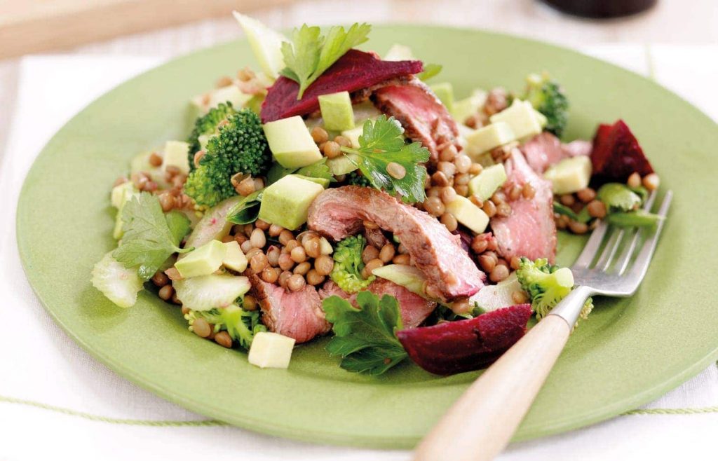 Seared beef, lentil and beetroot salad