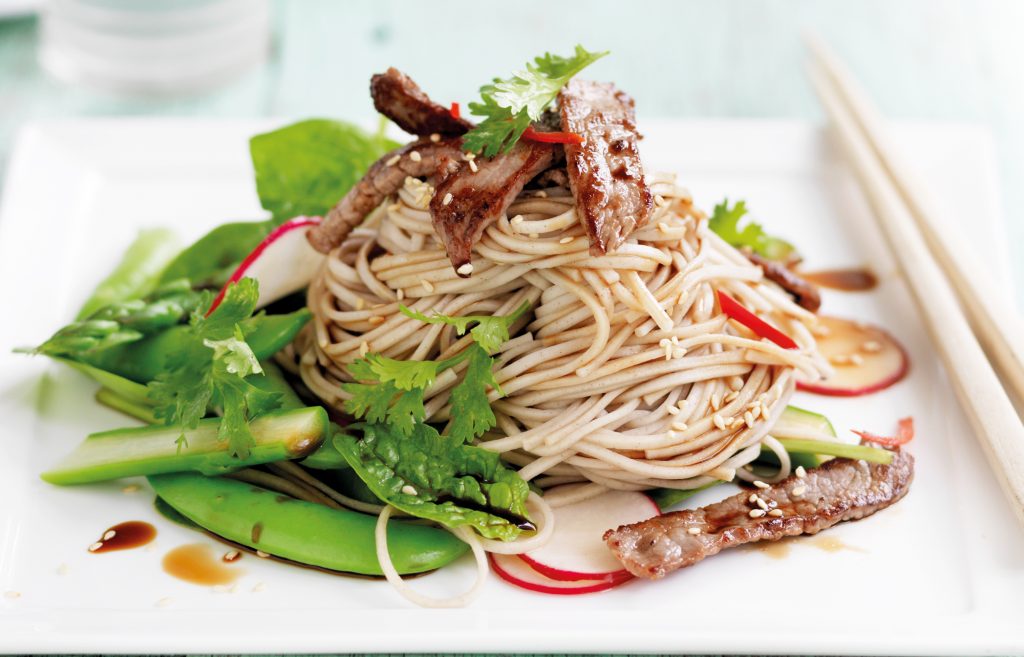 Seared beef with soba noodle salad