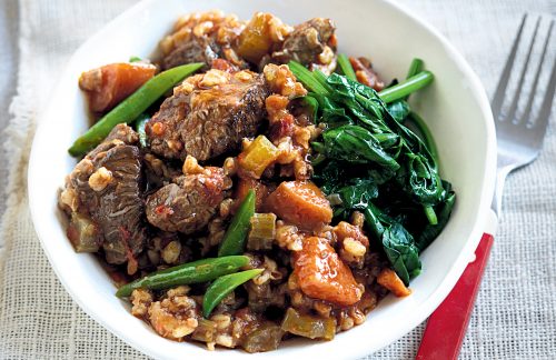 Slow-cooked beef, barley and vegetables