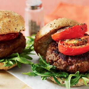 Smoky beef burgers with roasted tomatoes