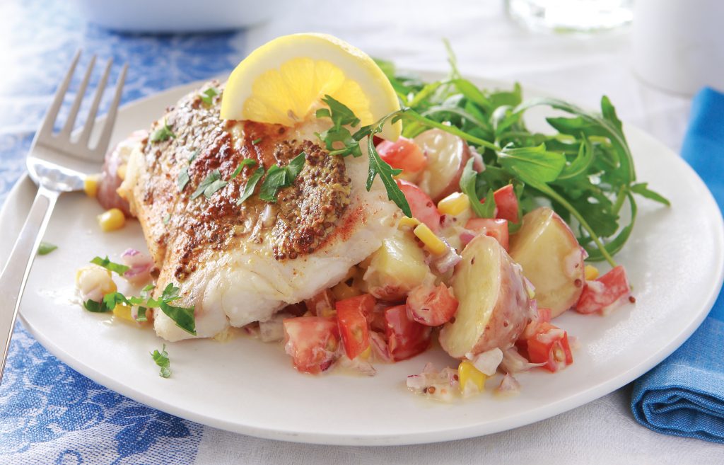 Spicy fish with mustard potatoes