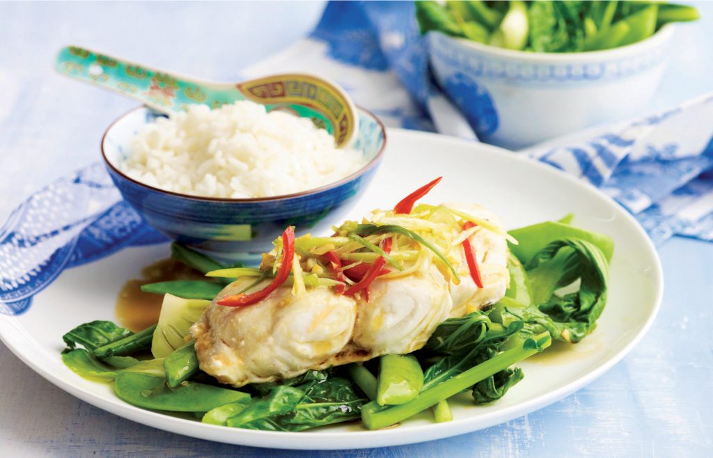 Steamed fish with ginger, chilli and hot sesame dressing