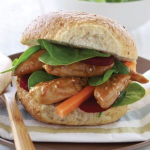 Sweet and sour sesame chicken burgers