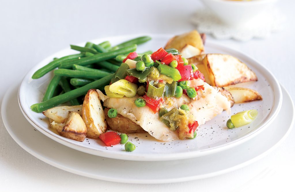 Sweet chilli fish with vegetables and chips