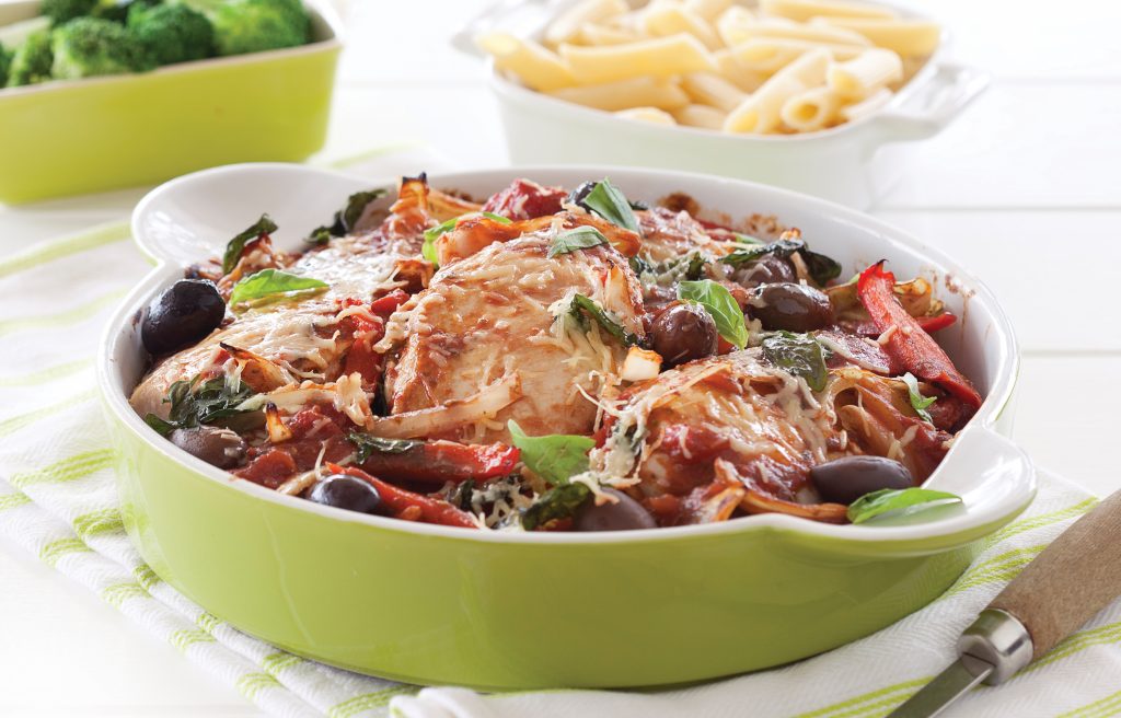 Tuscan-style chicken baked with tomatoes and olives