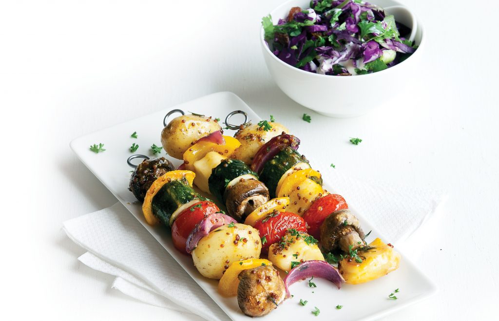 Vegetable and haloumi kebabs with tzatziki coleslaw
