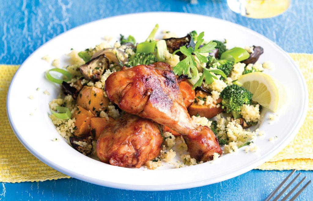 Marinated chicken with roasted vegetables and couscous