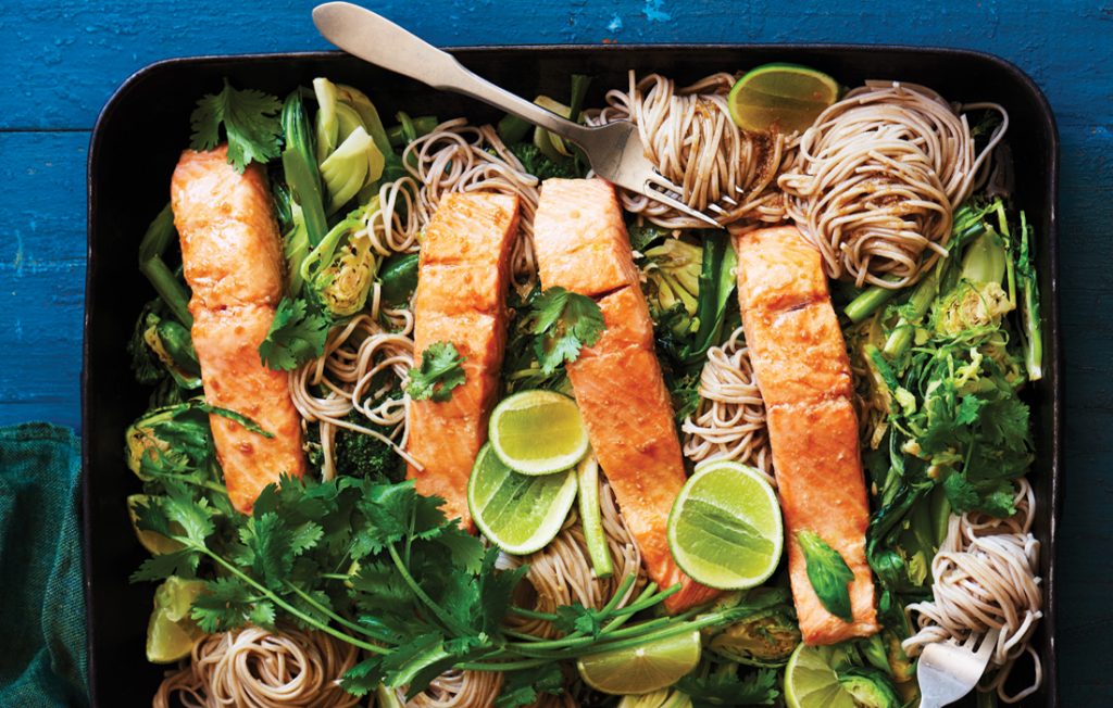 Asian salmon and super greens oven-steamed bake