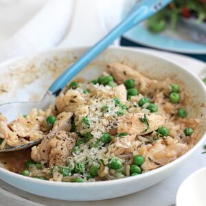 Baked chicken and pea risotto