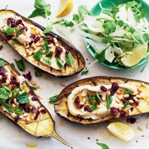Baked eggplant with cranberry and mint