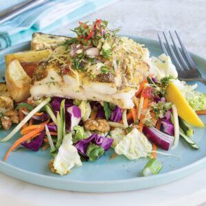 Baked fish with slaw and potatoes