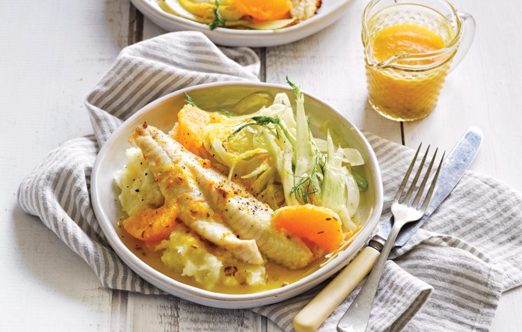 Baked fish with citrus-fennel sauce and parsnip mash