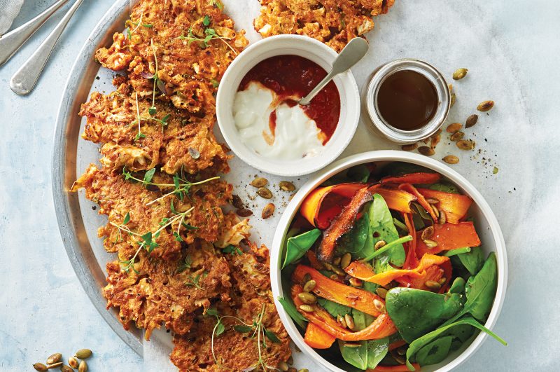 Cauliflower and potato fritters with winter spinach and roasted carrot ...