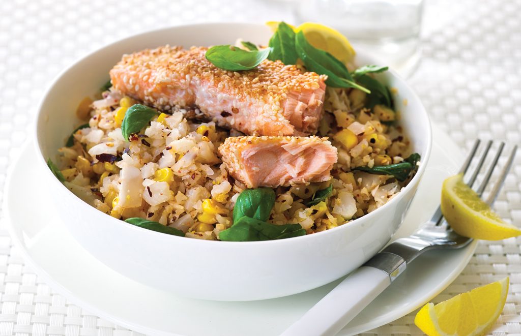 Cauliflower couscous with corn and sesame salmon