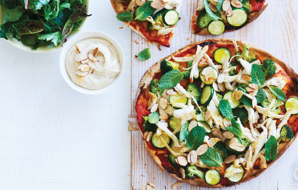 Chicken, courgette, mint and almond pizza