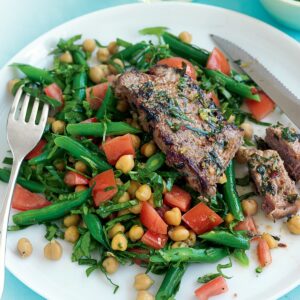 Coriander, mint and chilli steak with chickpea salad