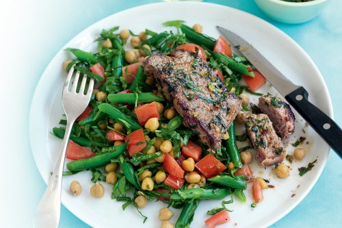 Coriander, mint and chilli steak with chickpea salad