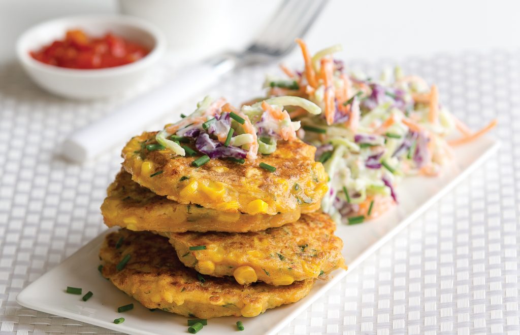 Corn, prawn and courgette fritters