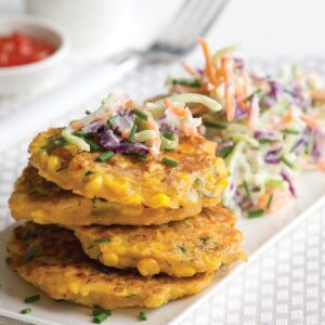 Corn, prawn and courgette fritters