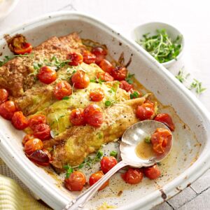 Egg cannelloni with creamy spring veges and roast tomato sauce