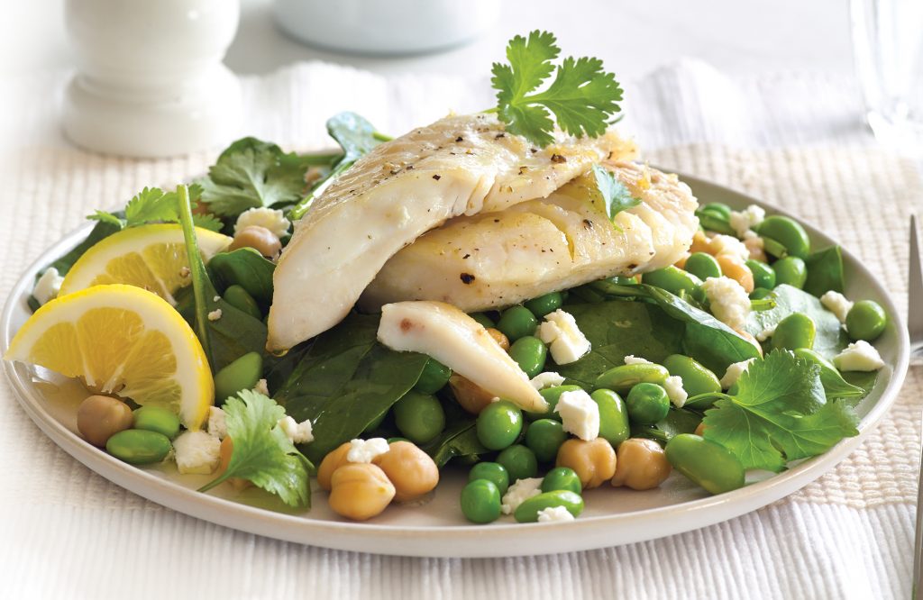 Fish with chickpea and edamame salad