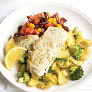 Fish with crushed potatoes and olive salad