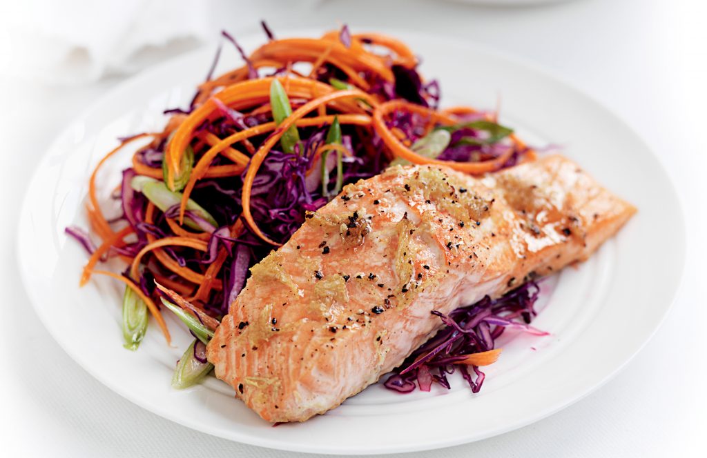 Ginger-baked salmon and red cabbage slaw