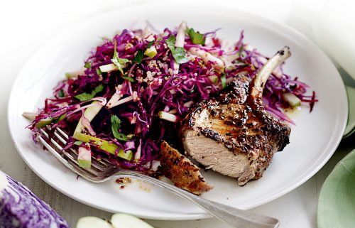 Grilled pork with beetroot, apple and quinoa coleslaw