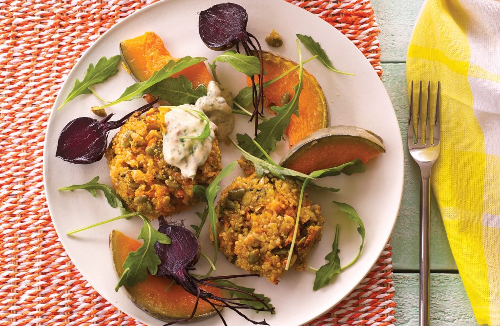 Herby quinoa savoury cakes with spicy dressing