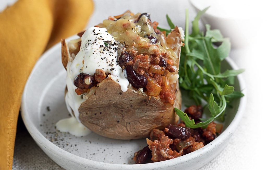 Jacket potato with Mexican beef and beans