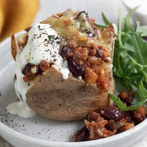Jacket potato with Mexican beef and beans