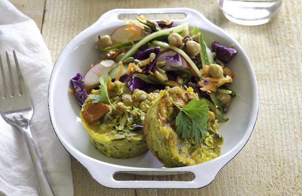 Kumara and chickpea quiches with rainbow salad