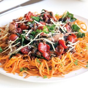 Kumara ‘pasta’ with tuna and tomato