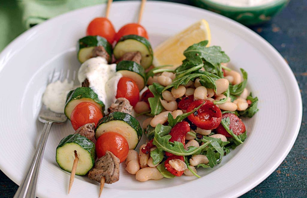 Lamb and courgette skewers with yoghurt mint dressing