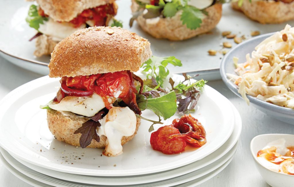 Lemon grilled fish burger with roasted tomato salsa