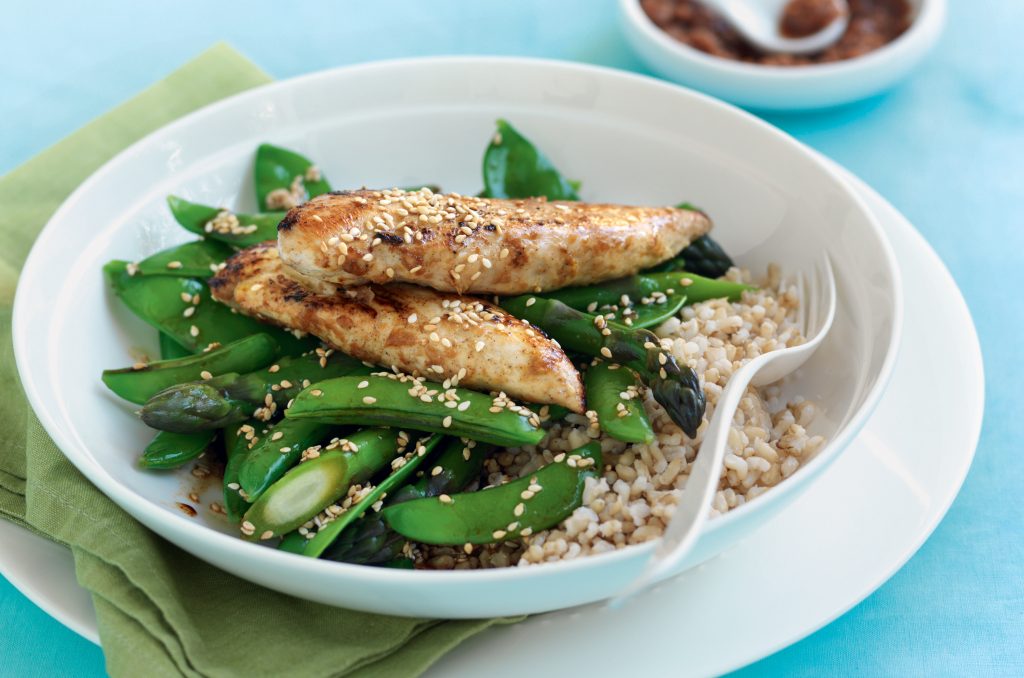 Lime, ginger and five-spice chicken with sesame greens