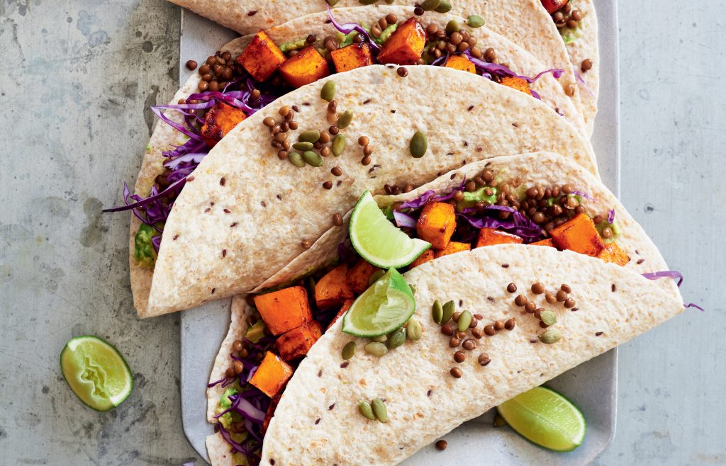 Maple-roasted pumpkin burritos with red slaw