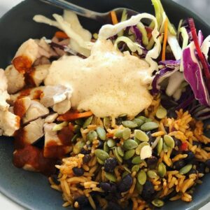 Mexi spiced rice with chicken and slaw