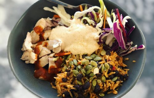 Mexi spiced rice with chicken and slaw