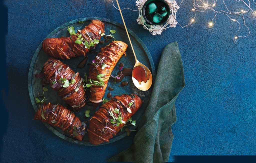 Sticky miso hasselback kumara with pear and sage