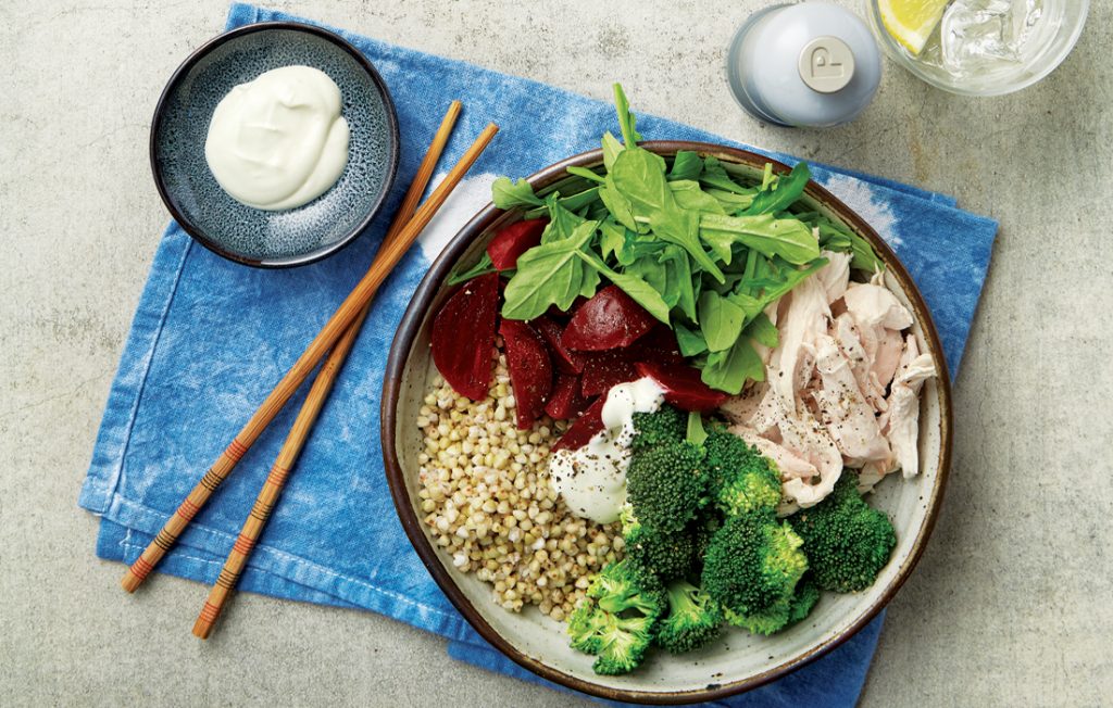 Miso-poached chicken and buckwheat bowl