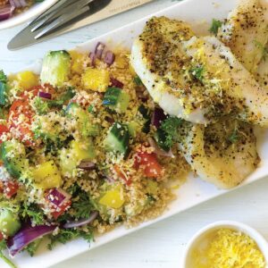 Pan-seared fish with couscous tabbouleh salad
