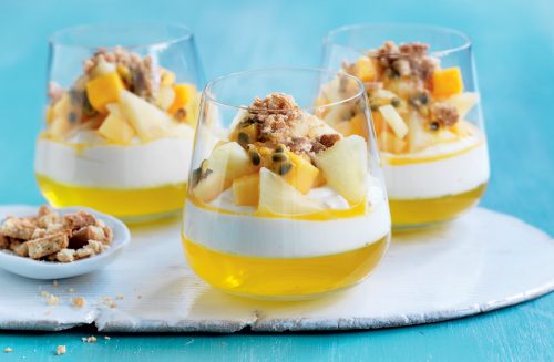 Passionfruit, pineapple and mango cheesecake pots