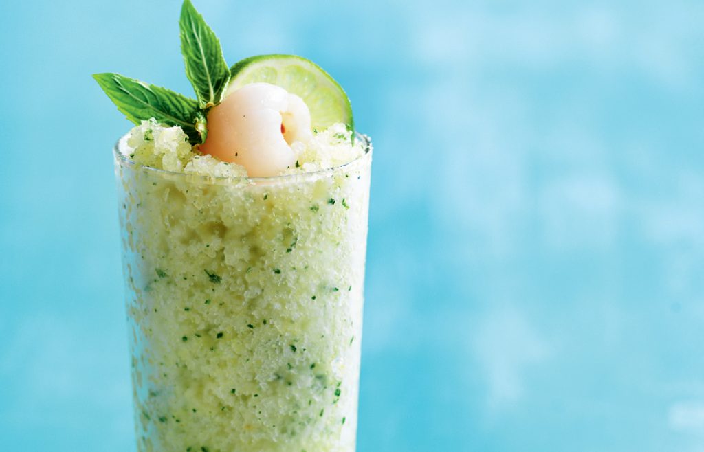 Pineapple, mint and coconut granita with lychees