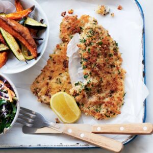 Pork schnitzel with courgette and kumara wedges