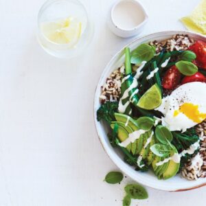 Quick brown rice and quinoa, greens and poached egg bowl